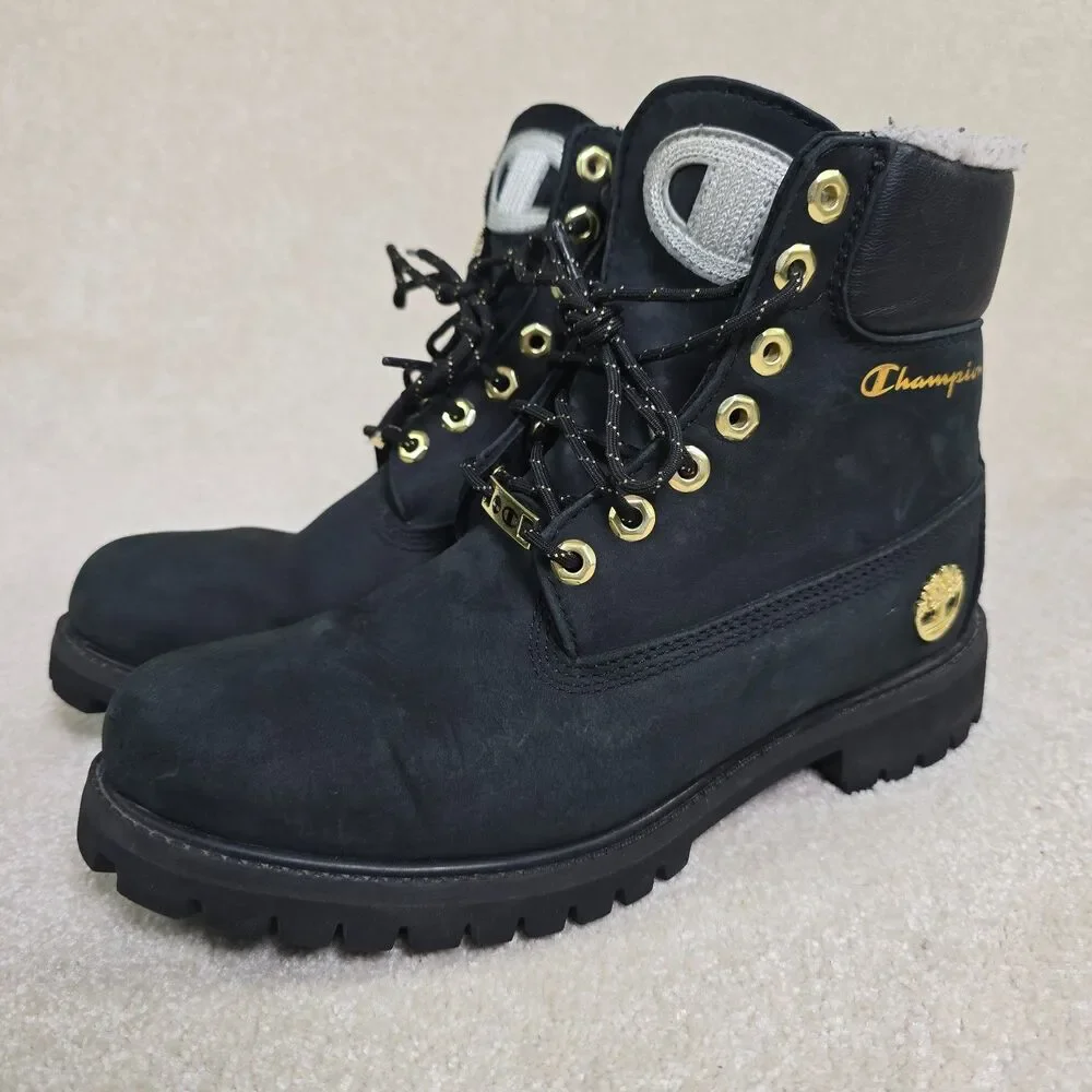 Timberland xChampion Collab Boots Black Gold 6” Shearling Streetwear 8M